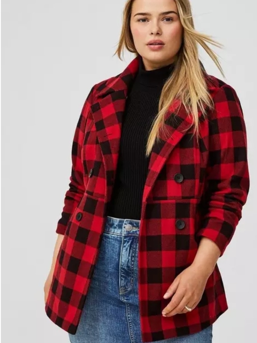 torrid Red and Black Buffalo Plaid Double-Breasted Pea Coat